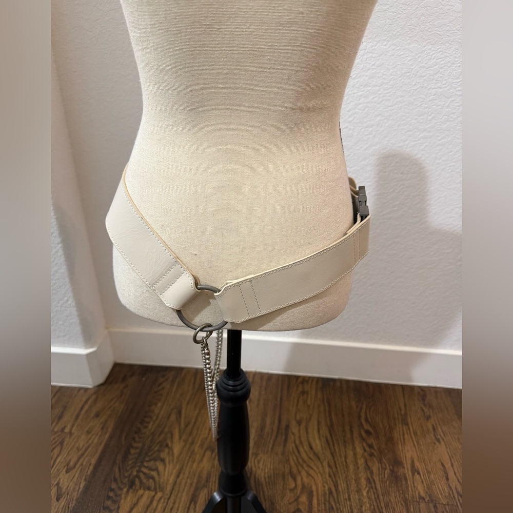 Free People White Leather Diamonte Chain Belt Distressed NEW NWOT - Picture 7 of 11